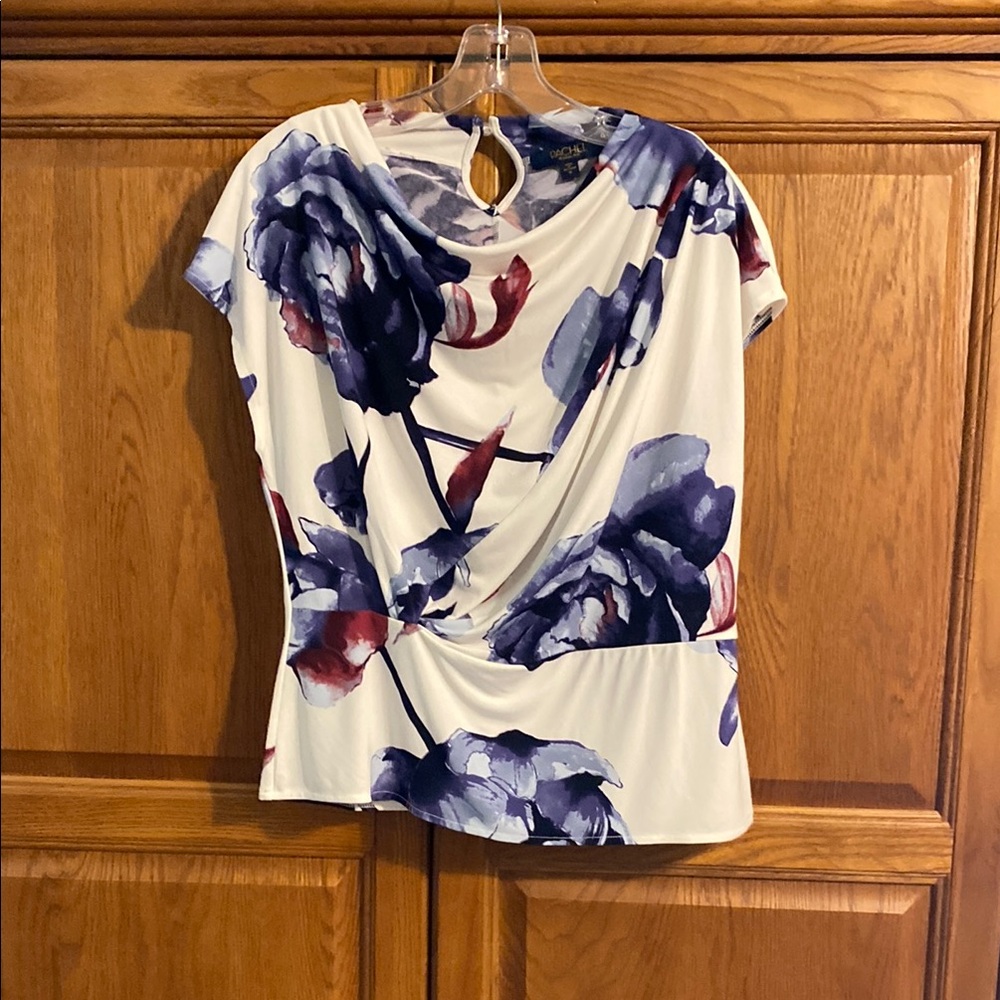Rachael Roy White and Blue Ruched Cut Out Blouse. EUC.